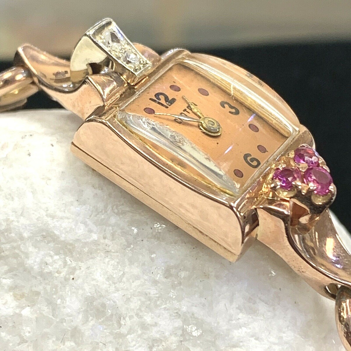 Croton  Rose Gold Plated Crystal Embellished Wristwatch Antique 14k Rose Gold Croton Ladies Watch with Dia & Rubies  main image 4