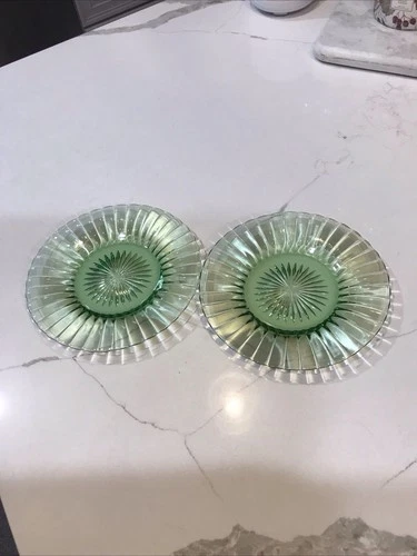 2 HAZEL ATLAS RIBBON GREEN Depression Glass 8" Luncheon Plates PRISTINE COND.