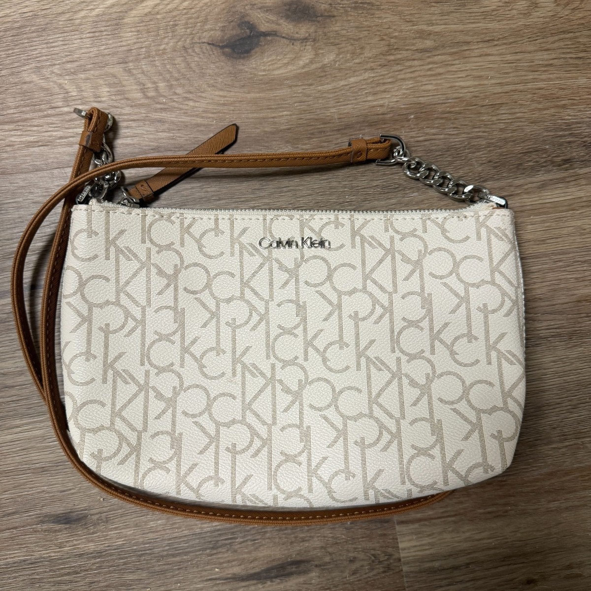 Calvin Klein Cream & Tan CK Monogram Crossbody Sling CALVIN KLEIN Womens CK Monogram Signature Bag Purse Off  main image 2