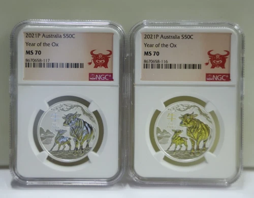 (2) 2021 P Australia 50c 1/2 oz. Silver Year of the Ox NGC MS70..