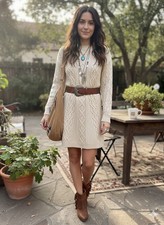 Pink Lily Boho Cable Knit Sweater Dress Beige Cream Mini Long Sleeve Size S
