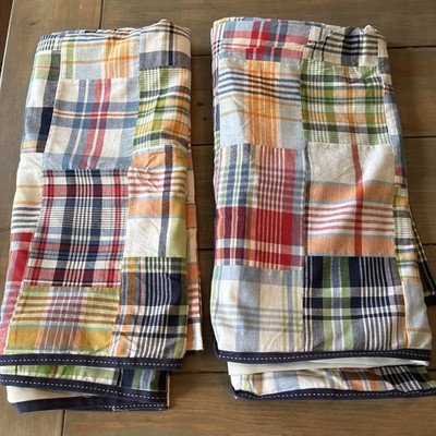 Pottery Barn Kids Madras Plaid Patchwork Blackout Curtain Panels 44x84 Set 2