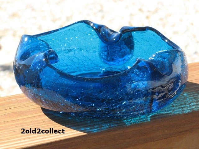 Vtg big BLUE CRACKLE Glass 8” cigar tray dish 1960s Viking Blunique MCM