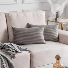 Set of 2 Plush Velvet Corduroy Striped 12x20 Lumbar Pillow Covers Rectangular Th