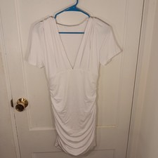 NWOT GOBLES womens Short Sleeve Deep V Neck Ruched Slim Fit Dress White Size L