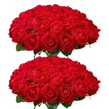 Wondrus Bulk Artificial Flowers 50 PCS, Fake Velvet Silk Red Roses with