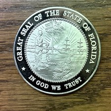 Florida State Seal 1 Troy Oz Sterling Silver Round Medal - Ships Free 99.12 per troy oz