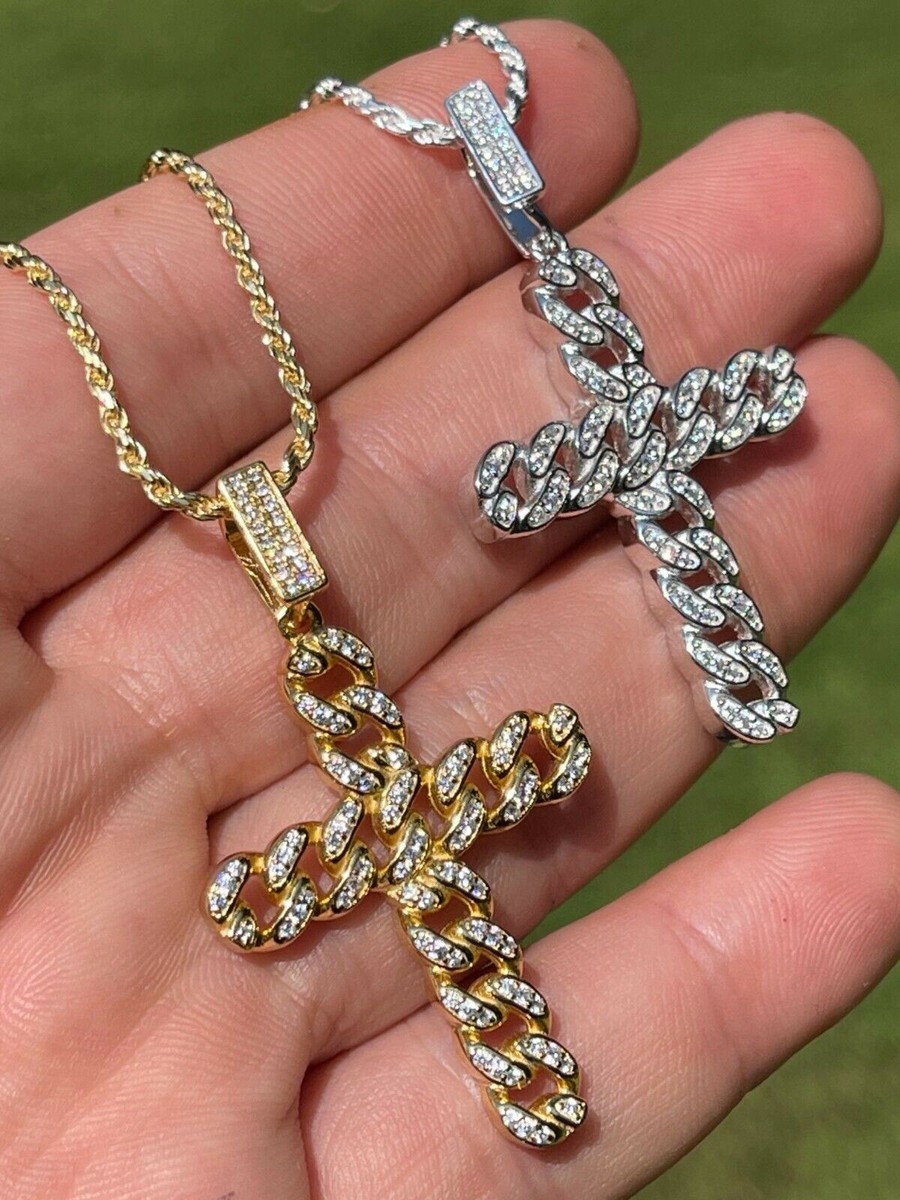 Real 925 Silver / Gold Plated Cuban Link Cross Pendant Iced Hip