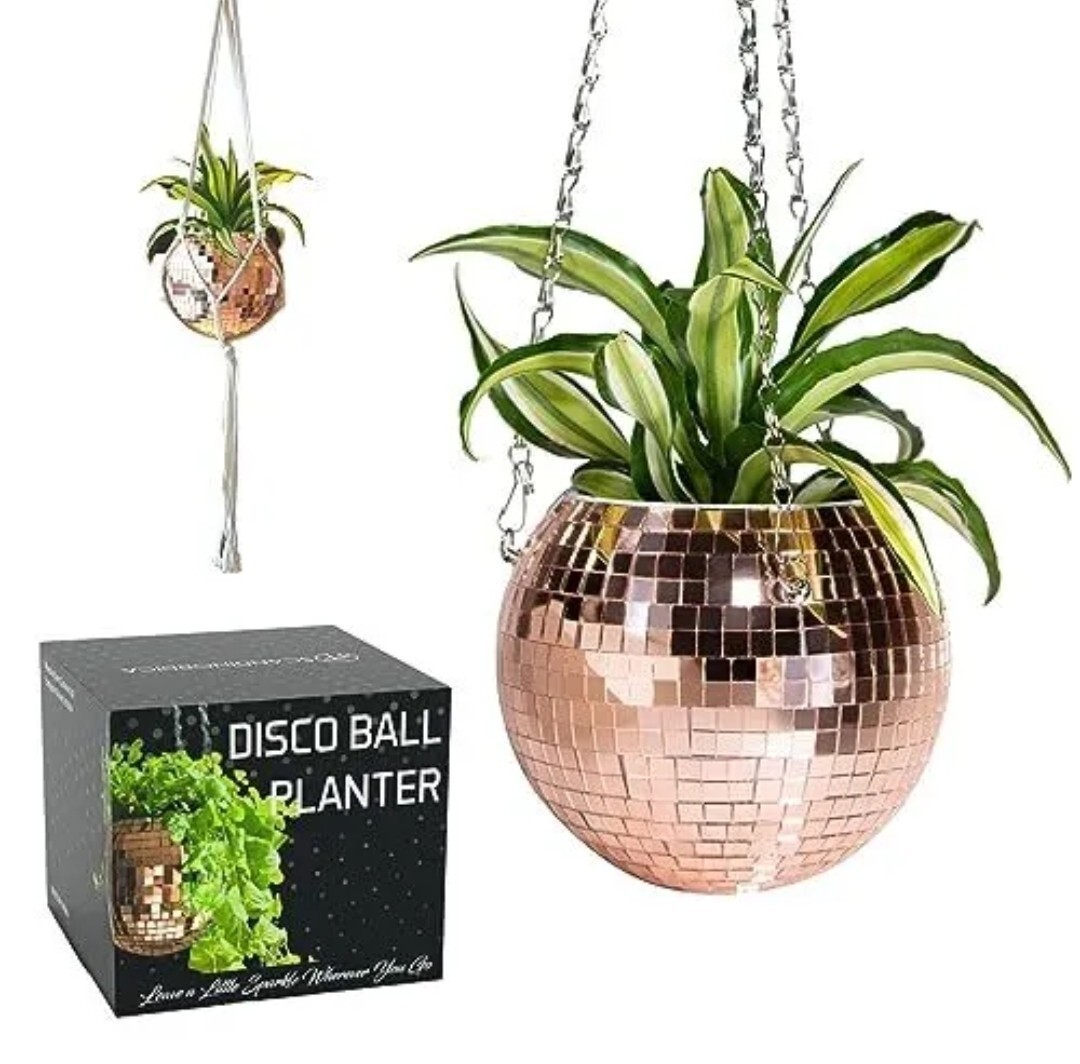 SCANDINORDICA 6" Disco Ball Planter Rose Gold Plant Pot Chain & Macrame  Hanger | eBay
