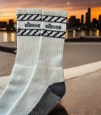 VTG ELLESSE Sport 80's Crew Socks White Black 10-13 Tennis Orlon Acrylic