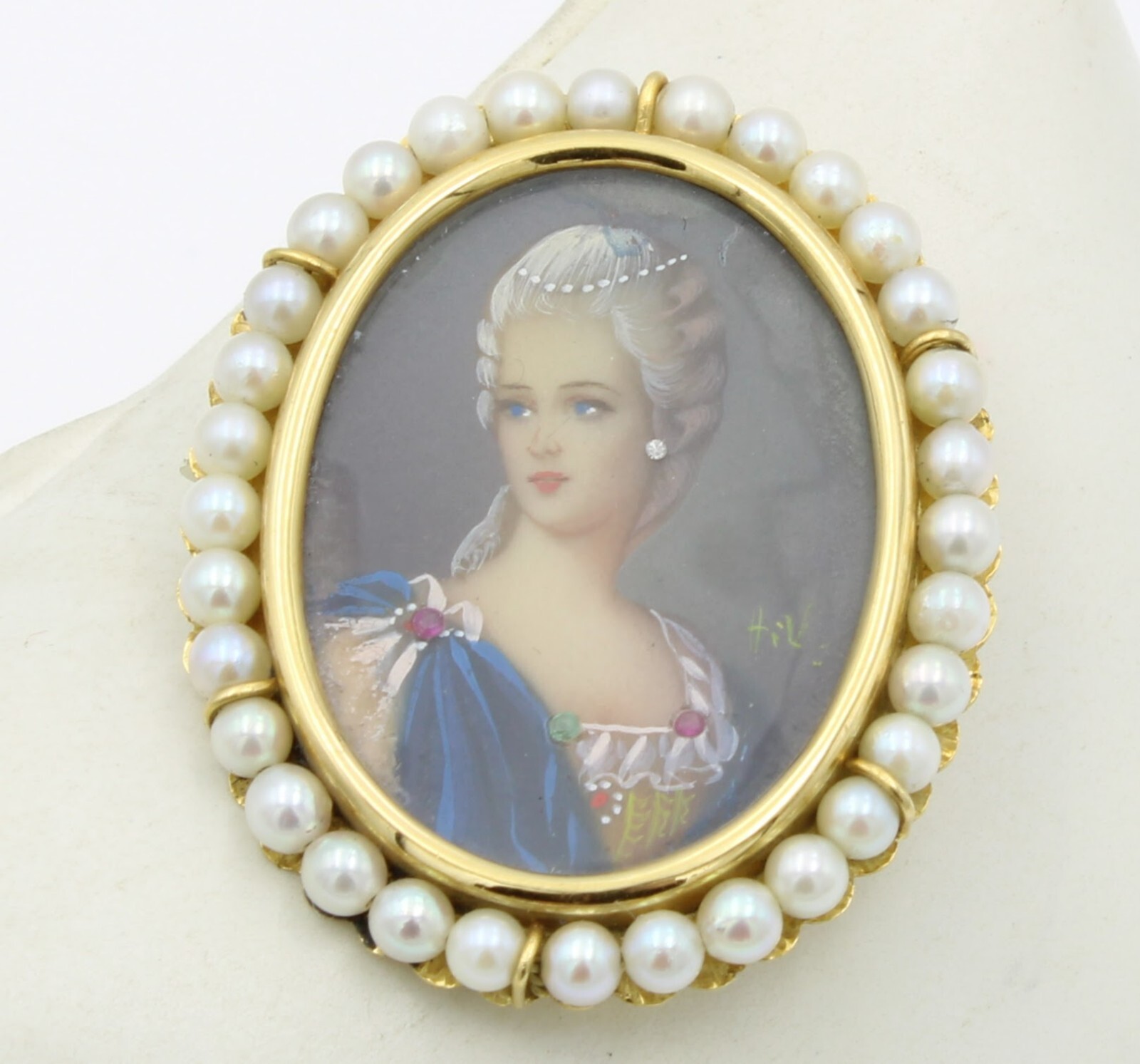 18k Yellow Gold Miniature Portrait Pearl Diamond Ruby Pendant Brooch 