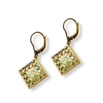 Roman Glass Israeli Filigree Square Earrings in 14k Yellow Gold Handcrafted