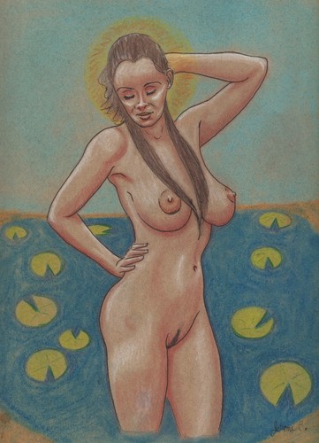 Nude female figure drawing Ink artist Jerome Cadd "Lady Madonna" Pastel - Photo 2 sur 4