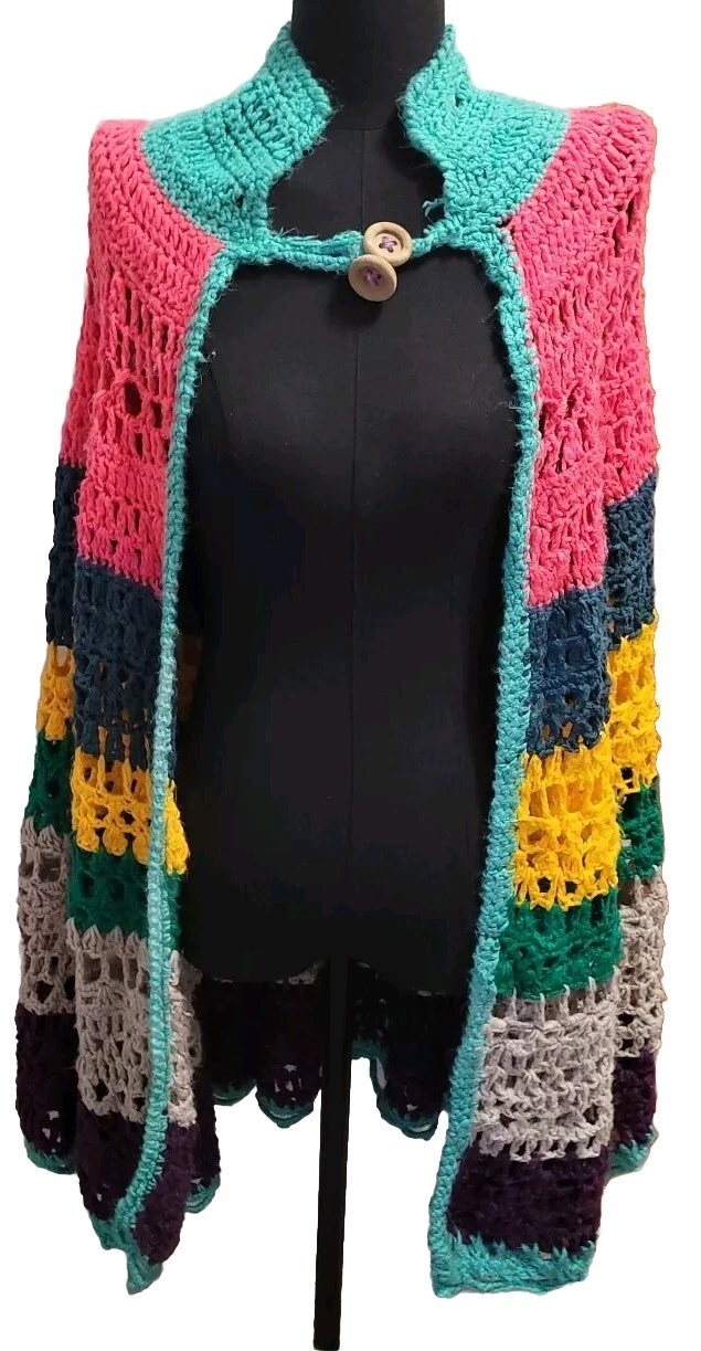 Rare Crochet Cape Cloak Shawl Poncho Boho Hippie 60s 70s