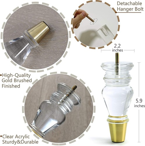 Set of 4 Acrylic Clear Furniture Legs Replacement Sofa Couch Feet 5.9in - Picture 6 of 7