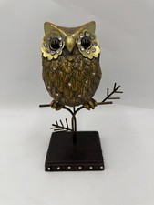 Gold Tone Owl Earring Jewelry Holder Tree Stand Brown Eyes Hand Painted Blingy