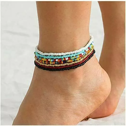Handmade Boho Beaded Anklets Womens Stretch Seed Beads Rainbow