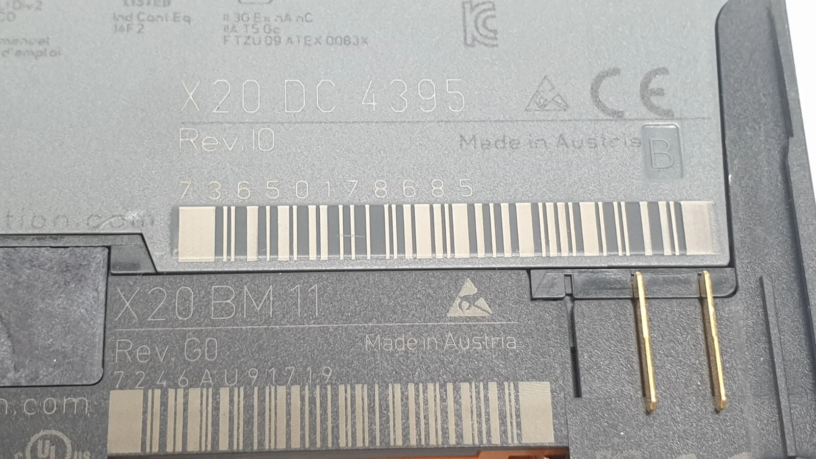 Label close-up: X20 DC 4395 Rev. I0 and X20 BM 11 Rev. G0, made in Austria