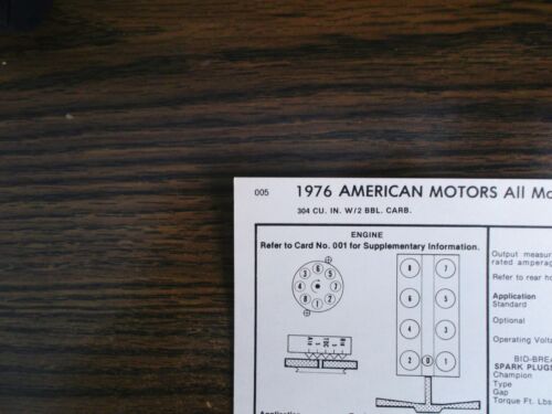 1976 American Motors AMC 304 CI V8 2BBL SUN Tune Up Chart Excellent Condition! - Afbeelding 1 van 6
