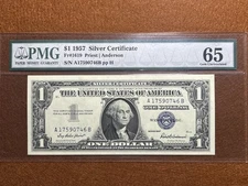 1957  $1 dollar silver certificate PCGS 65 note fr.1619