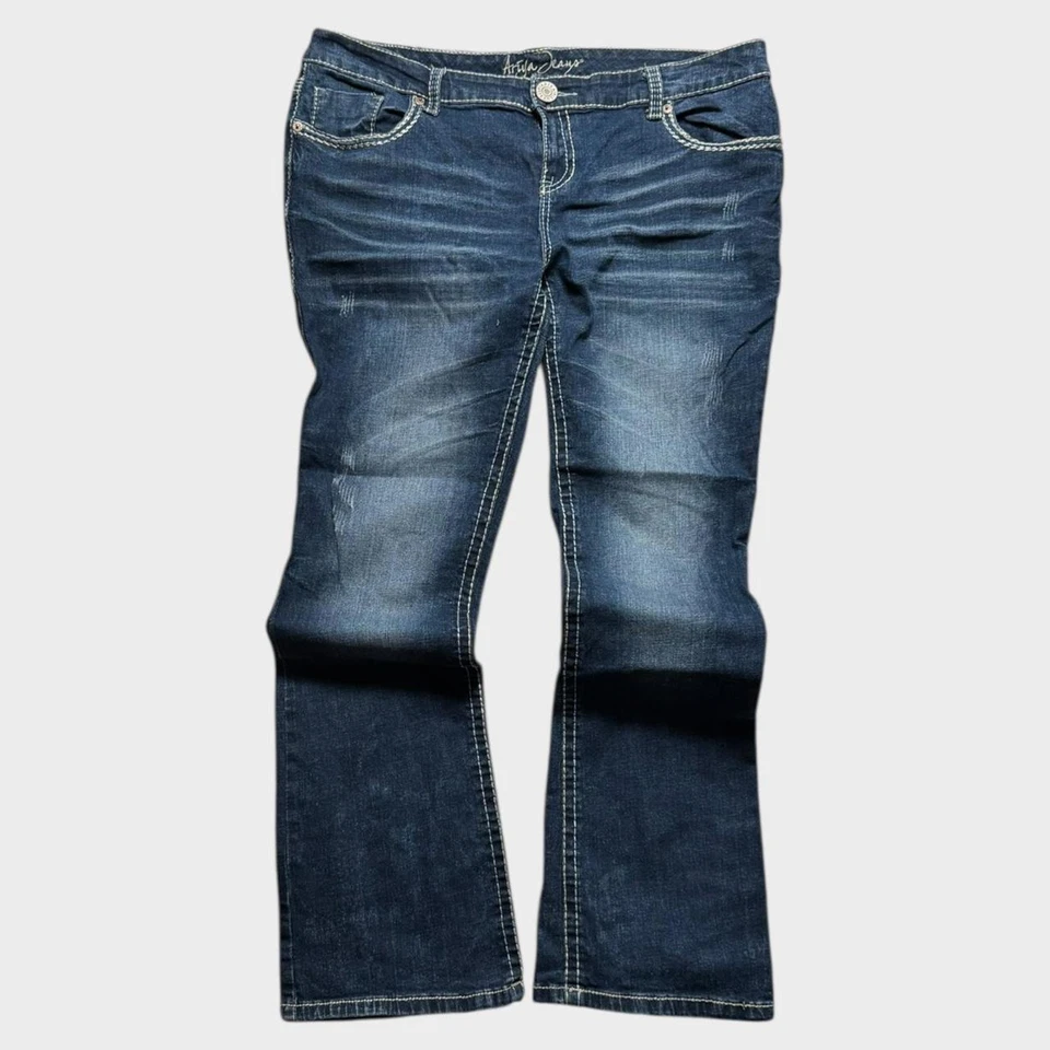 Pantalones de mezclilla vintage Ariya para mujer Y2K bordados holgados corte bota pierna ancha 40x33 Foto 2 de 4