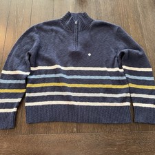 NWT Eddie Bauer Women  s Quarter Zip Striped Knit Sweater Navy Blue Size L Cotton