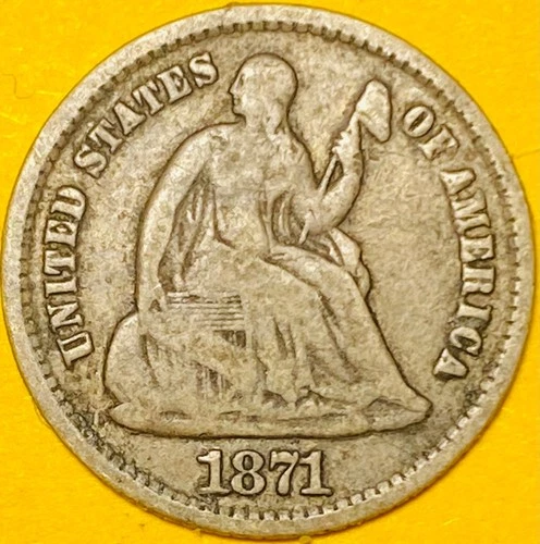 1871 U.S. SEATED LIBERTY SILVER HALF DIME 5c COIN (F-Fine)