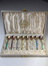 Vintage Scandinavian Silver Center 8 PC Enameled Sterling Silver Spoon Set