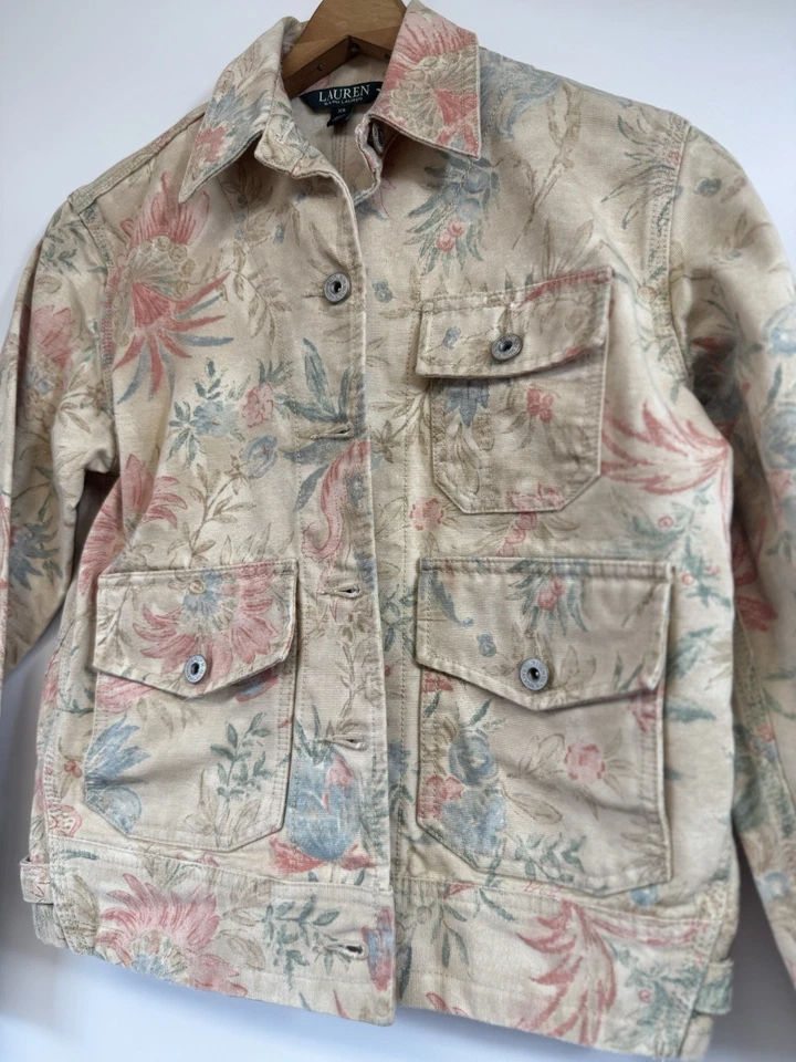 Винтажный Lauren Ralph Lauren джинсовой ткани куртка женщин XSmall желтовато-коричневый цветочный коттедж сарая Y2K - Изображение 2 из 4