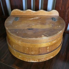 Vintage Firkin Wooden Sewing Box W Hinged Lid & Attached Pin Cushion Primitive