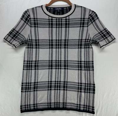 'S Max Mara Lesena Plaid Short Sleeve Black Gray Wool Sweater Size S