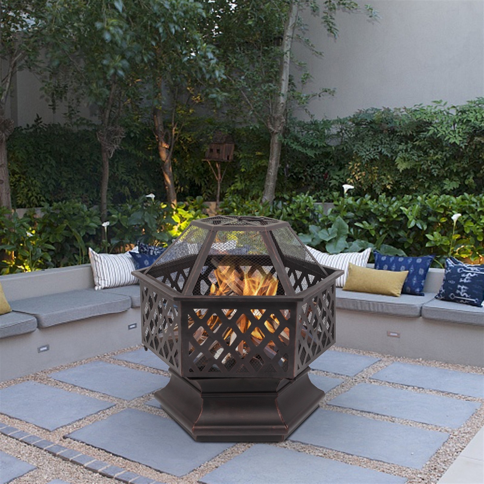 22" Hexagonal Iron Fire Pit Distressed Bronze 56x67x57cm Lat