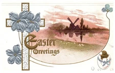 Vintage Postcard Easter Greetings Cross Windmill Embossed Silver Flowers Gold