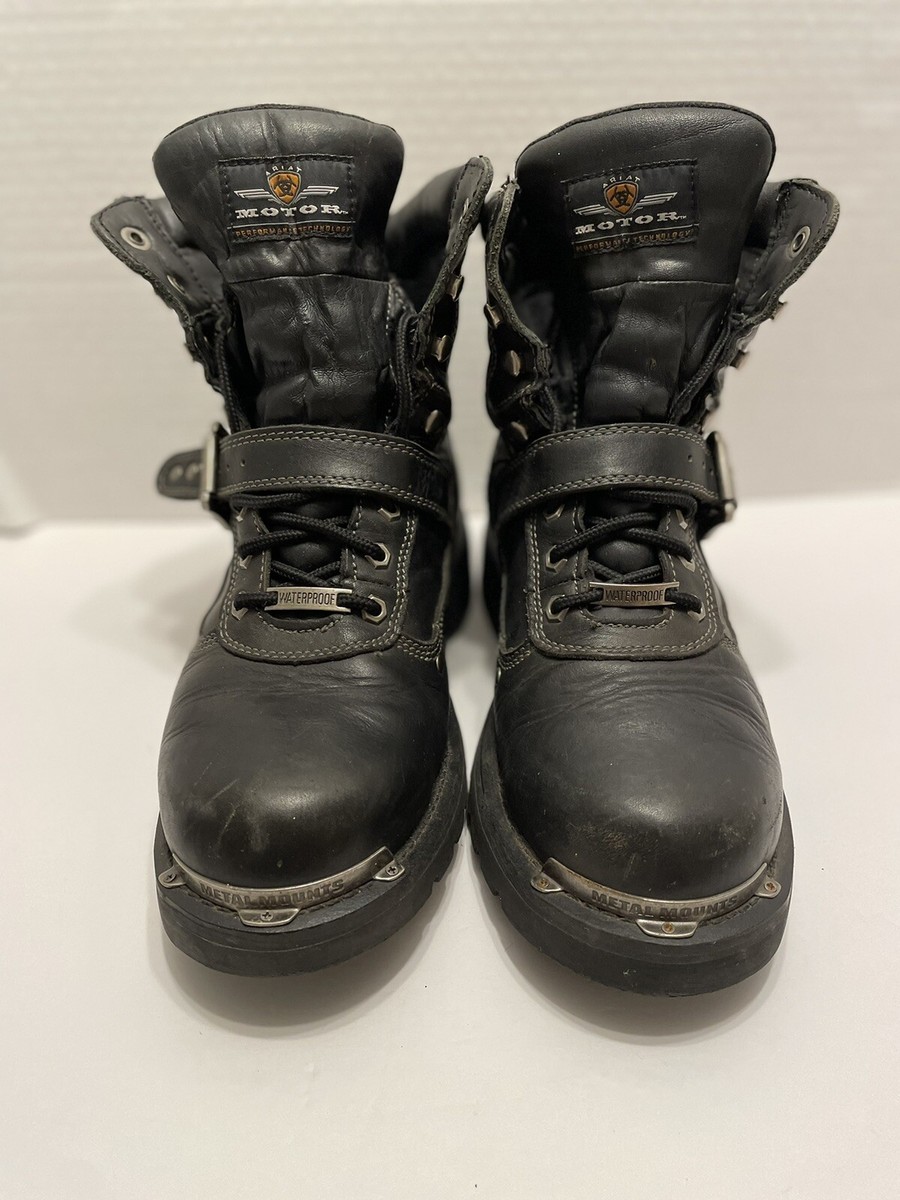 R. ARIAT Motor Boots Men 10.5D BlackLeather Waterproof Metal Mounts