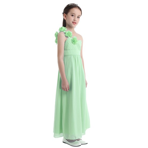 Flower Girl Long Dress One-shoulder Princess Maxi Wedding Bridesmaid Formal Gown - Picture 21 of 59