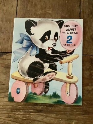 Birthday Wishes To A Dear 2 Year Old Panda Playing Vintage Greeting Card
