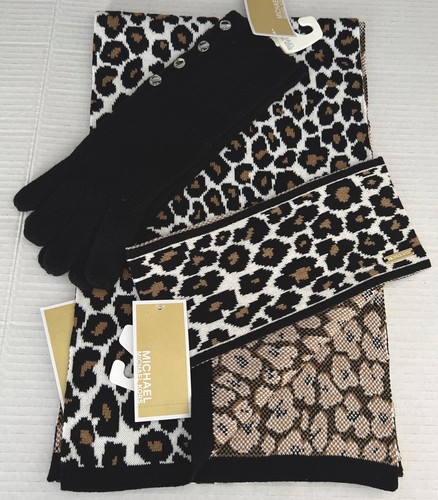 $144 Michael Kors 3-Piece Set SCARF, HEADBAND & GLOVES Reversible Camel Leopard - Picture 2 of 7