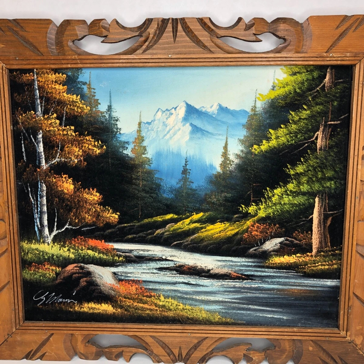 Black Velvet Painting Signed Framed River Mountains Trees Retro Kitsch Rustic