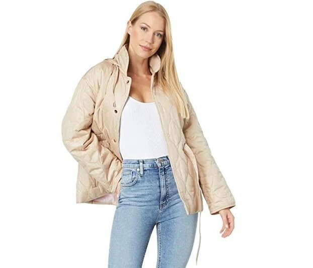 NUOVA giacca trapuntata corta con cintura Kate Spade NY con cappuccio pieghevole taglia S piccolo cachi