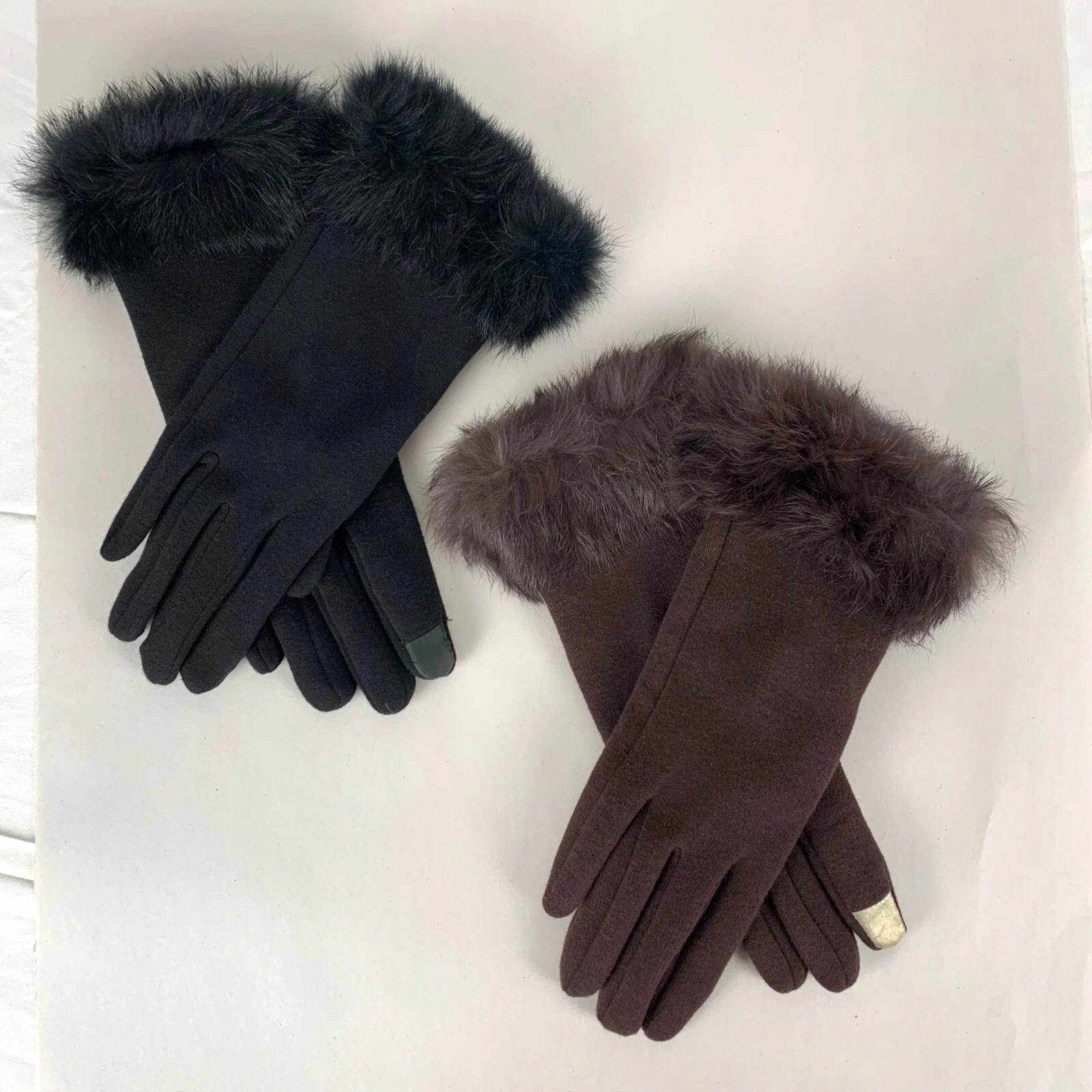 Set of Two Angela William Touchscreen Winter Gloves Faux Fur Trim Black + Brown