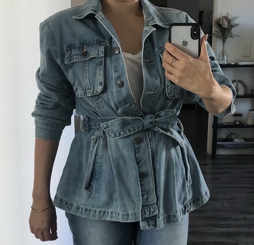 Blank NYC Left On Read Denim Jean Jacket Peplum Cropped Trench Belted Small