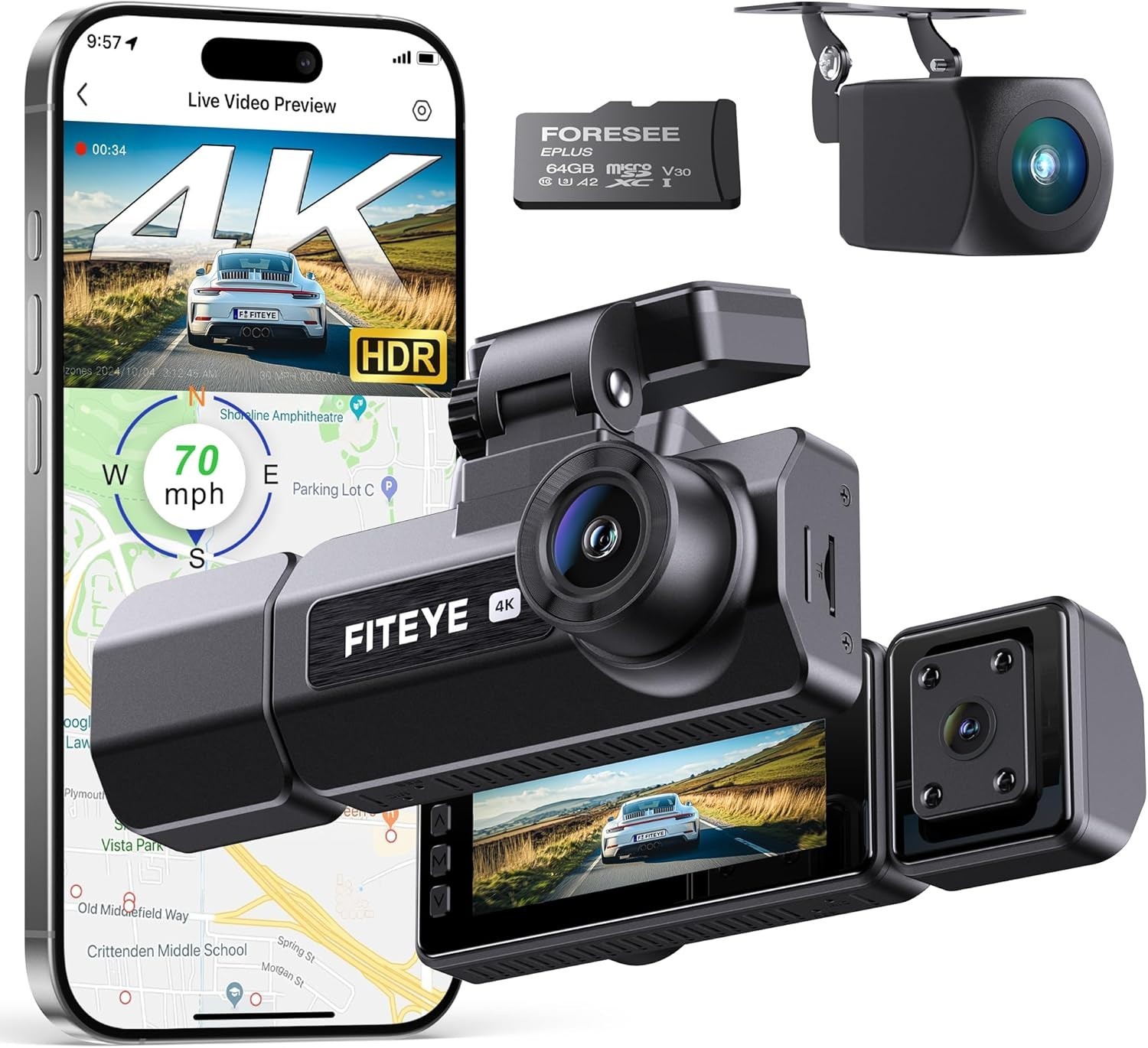 4K 3-Channel Dash Cam, IMX335, WiFi GPS, Voice Control, 2K+1080P+1080P, 64GB