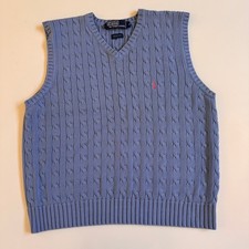 Polo Ralph Lauren Cable Knit V Neck Sweater Vest Preppy Blue Medium Academia