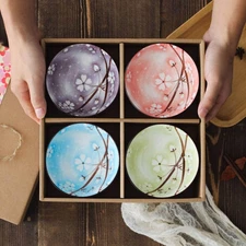 ~ Set of 4, Japanese Style Ceramic Rice Bowl Assorted Designs and Color 