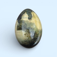 Russian Hand Painted Wooden Easter Egg Folk Art Cathedral Scene 4.25" Signed