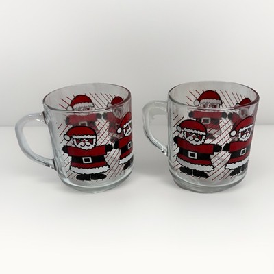 Luminarc Santa Claus Glass Mugs Set of 2 Vintage Christmas Holiday Cocoa Italy