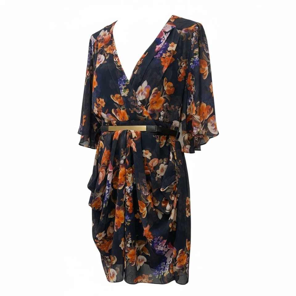 City Chic Navy Blue Floral Flowing Knee Length Dress With Gold Detail Belt S L - image 3 of 4