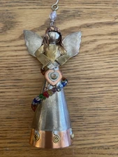 Handmade Christmas Angel Ornament Metal Scraps Figurine Colorful Beads Heart 5"