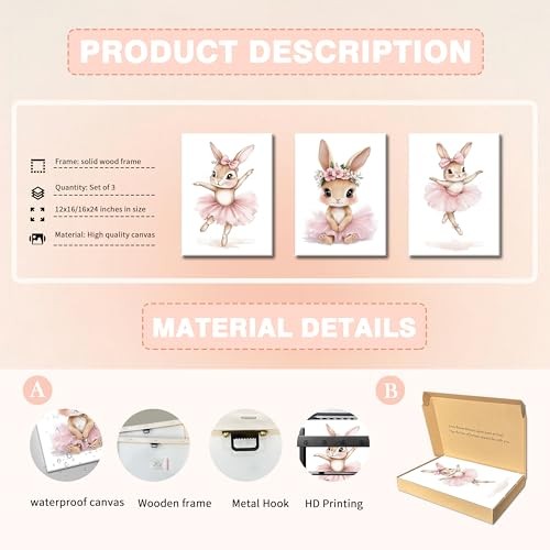 Baby Girl Nursery Wall Decor, Easter Nursery Canvas Wall Art Paintings Set of - Picture 7 of 8