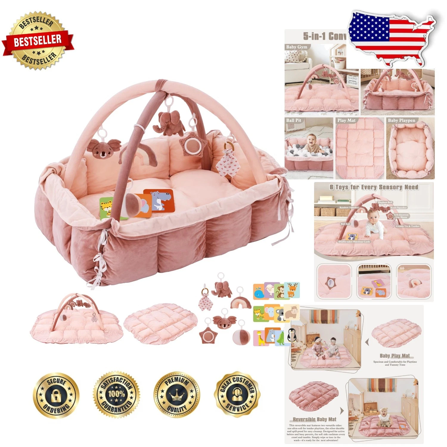 Versatile 5-in-1 Baby Play Gym | Pink | Cotton | 6 Sensory Toys | Easy Setup
Opens in a new window o